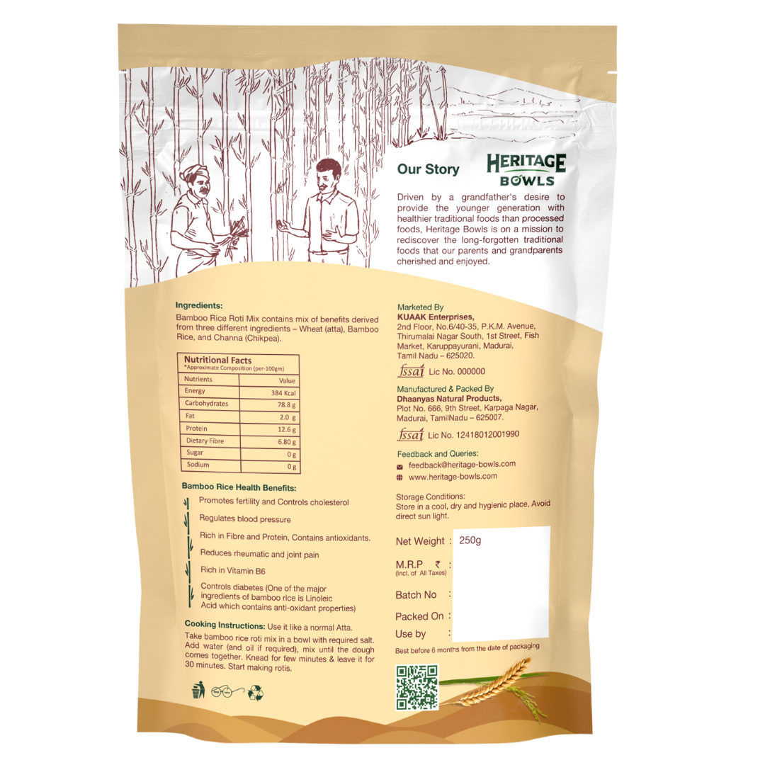 Bamboo Rice Roti Mix (Low GI Healthy Atta) (மூங்கில் அரிசி சப்பாத்தி மாவு) (250 grams per pack)